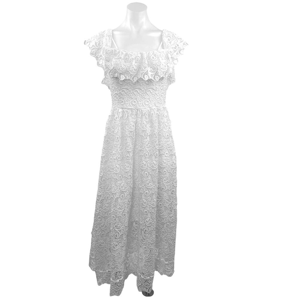 H&M White Lace Off The Shoulder Frill Sleeves A-Line Lined Midi Dress Size 4 - Picture 3 of 7